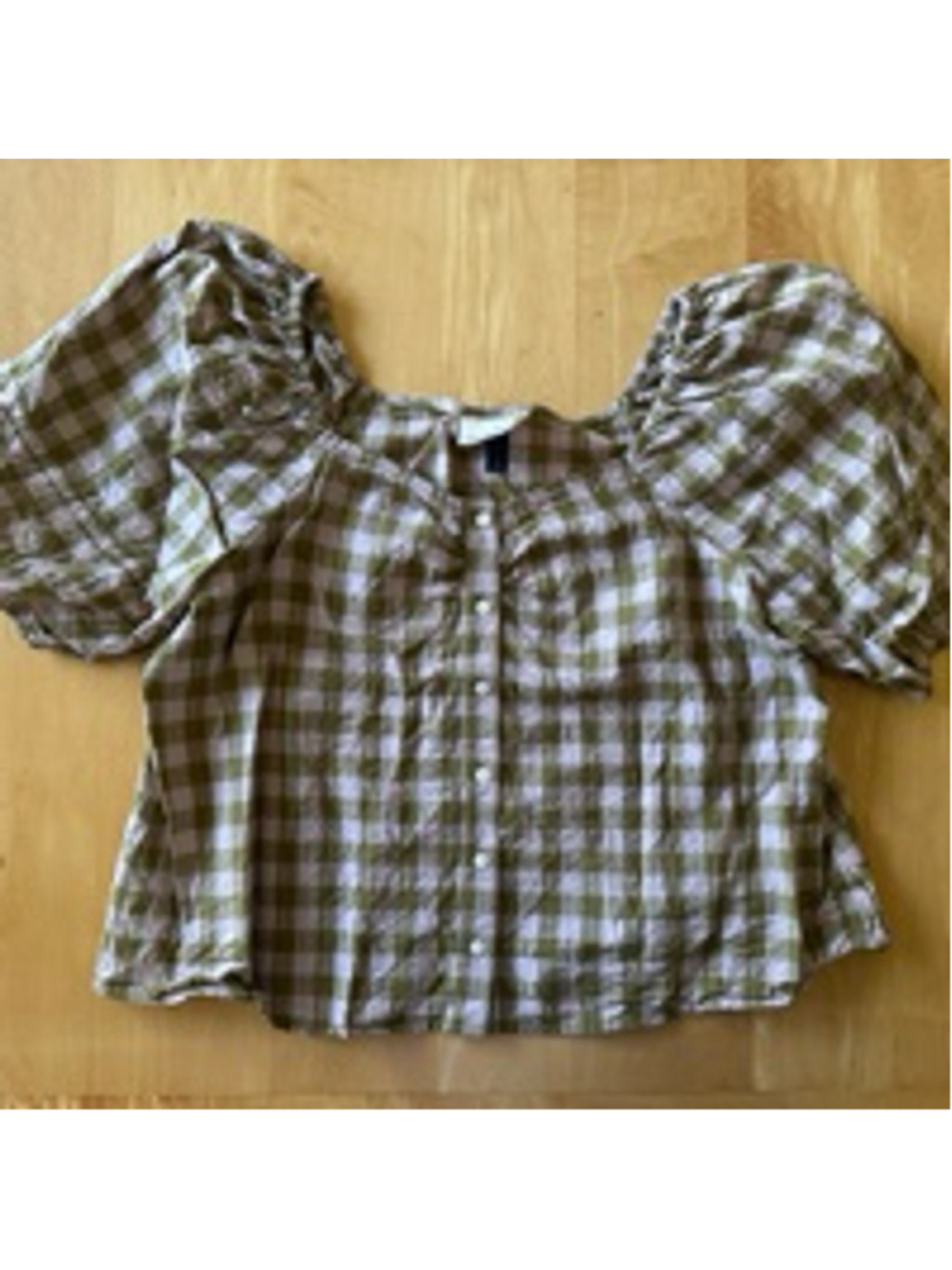 Women's Universal Thread Blouse L Green White Gingham Puff Sleeve